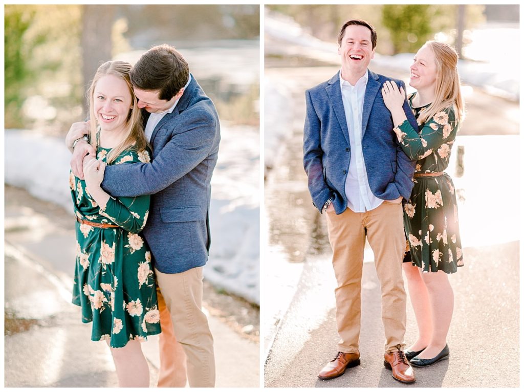 Early spring engagement session in River Prairie Altoona Wisconsin  laughing together the groom wears a sport coat the the bride wears a knee length green dress