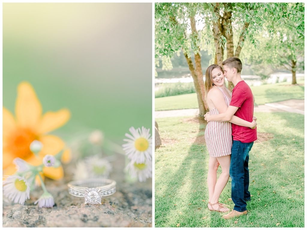 downtown Eau Claire wisconsin engagement session  images taken at phoenix park  side by side images with the engagement ring in the photo to the left surrounded by summer flowers