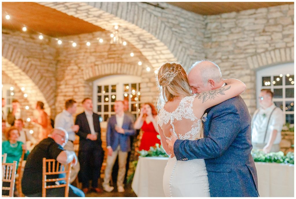 Mayowood Stone Barn wedding reception, bride dancing with parent