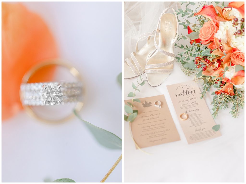 Detail images, side by side. First image of the wedding rings and second image of invites, flowers and shoes.. Alisha Marie Photography from Eau Claire Wisconsin- specializing in wedding photography  and family portraits answer questions about weddings with me