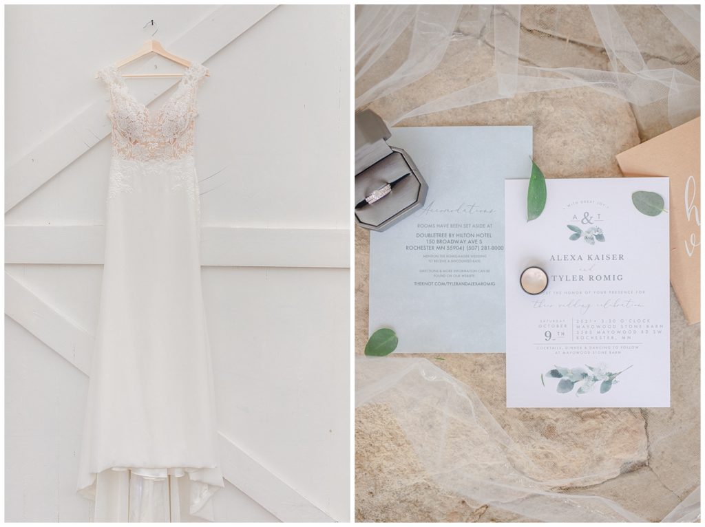 Detail images taken on the ground outside of Mayowood Stone Barn in Rochester Minnesota taken by Eau Claire Wisconsin wedding photographer, Alisha Marie Photography side by side image of the bride's dress hanging off the barn door