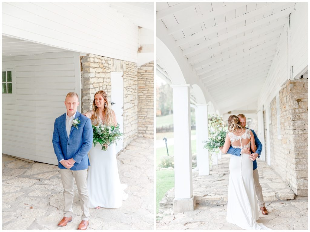 Bridal portraits in Rochester Minnesota taken by Eau Claire Wisconsin wedding photographer, Alisha Marie Photography First look at Mayowood stone barn