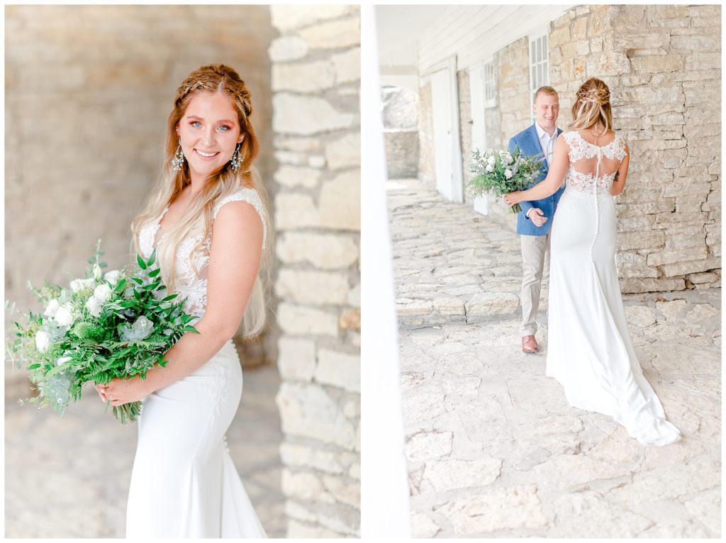 Bridal portraits in Rochester Minnesota taken by Eau Claire Wisconsin wedding photographer, Alisha Marie Photography, first look photo taken on the porch at Mayowood stone Barn