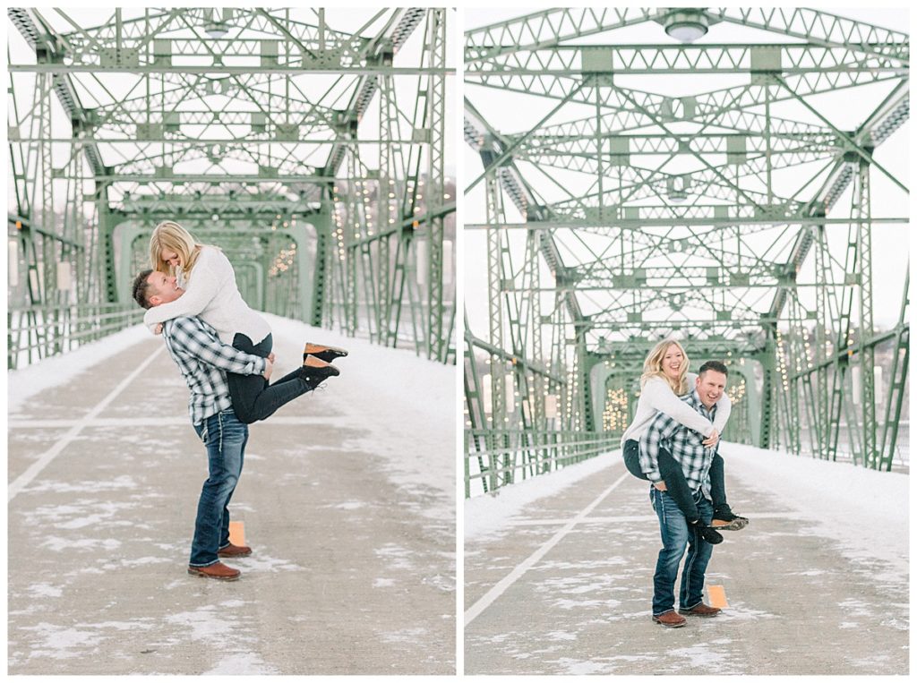 Romantic and playful images taken in the winter of a couple on the green Stillwater lift bridge