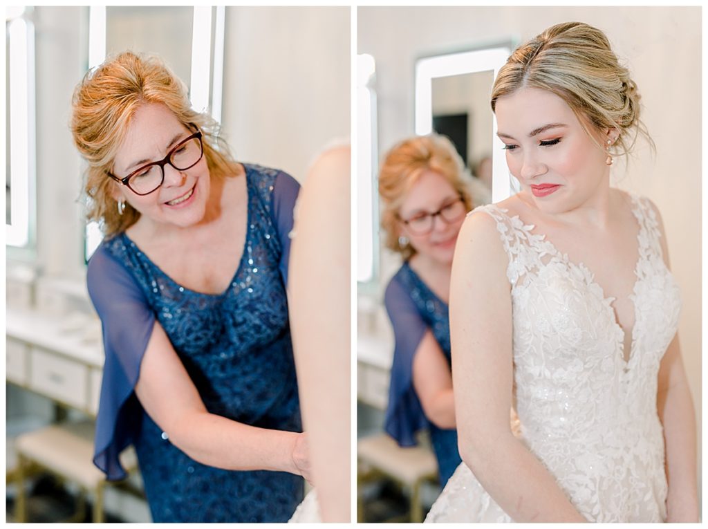 Taken by Wisconsin wedding photographer Alisha Marie Photography, specializes in Eau Claire wedding photographer, family photos Eau Claire wedding dress shop and image portrait in wisconsin and Stillwater minnesota mom zipping up bride helping her get ready in her wedding dress