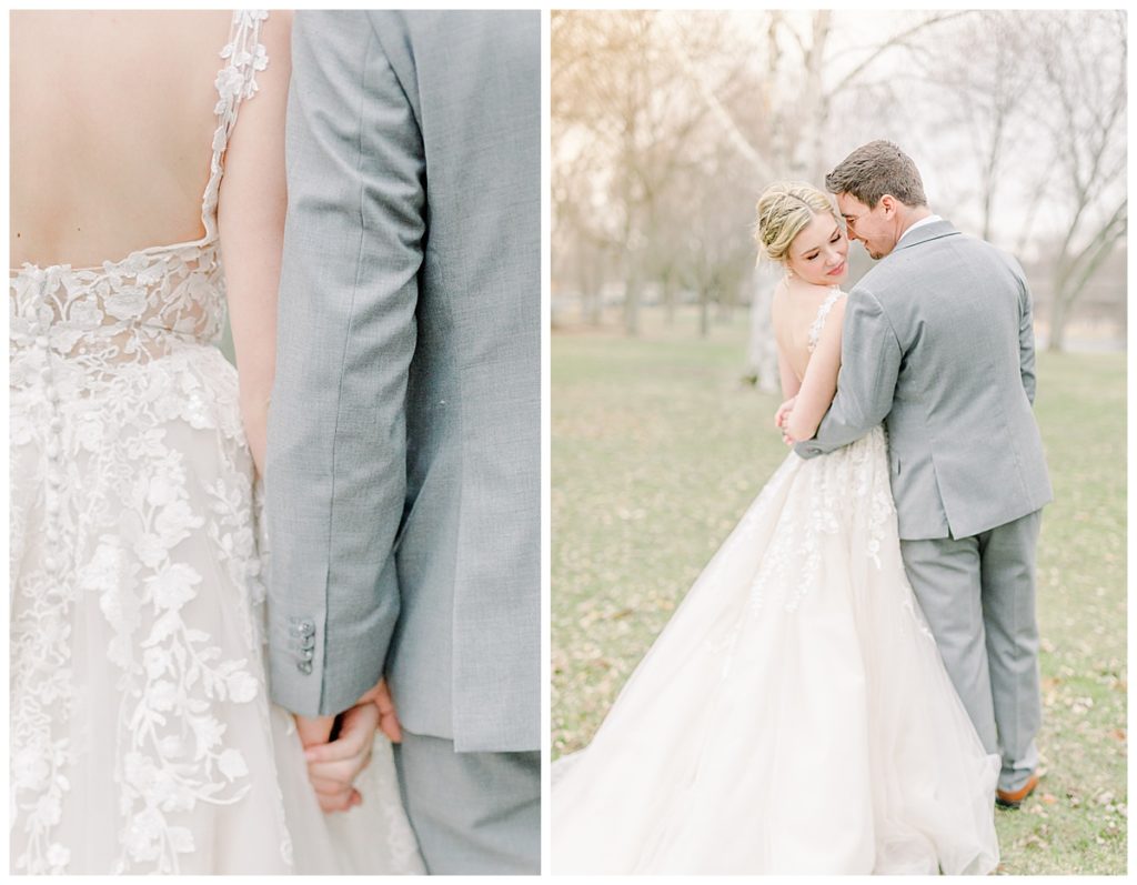 Taken by Wisconsin wedding photographer Alisha Marie Photography, specializes in Eau Claire wedding photographer, family photos Eau Claire wedding dress shop and image portrait in wisconsin and Stillwater minnesota rainy day wi wedding photographer bride and groom hold hands and snuggle