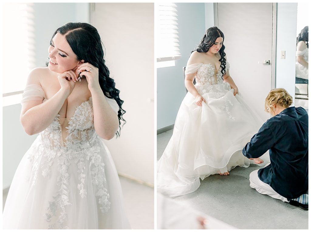 Wedding at Fest Valley Events has a rock theme including a rock tail hour. Eau Claire Wedding Photographer Alisha Marie shoots wedding outside Cadott Wedding day getting ready images of the bride before wedding day photography