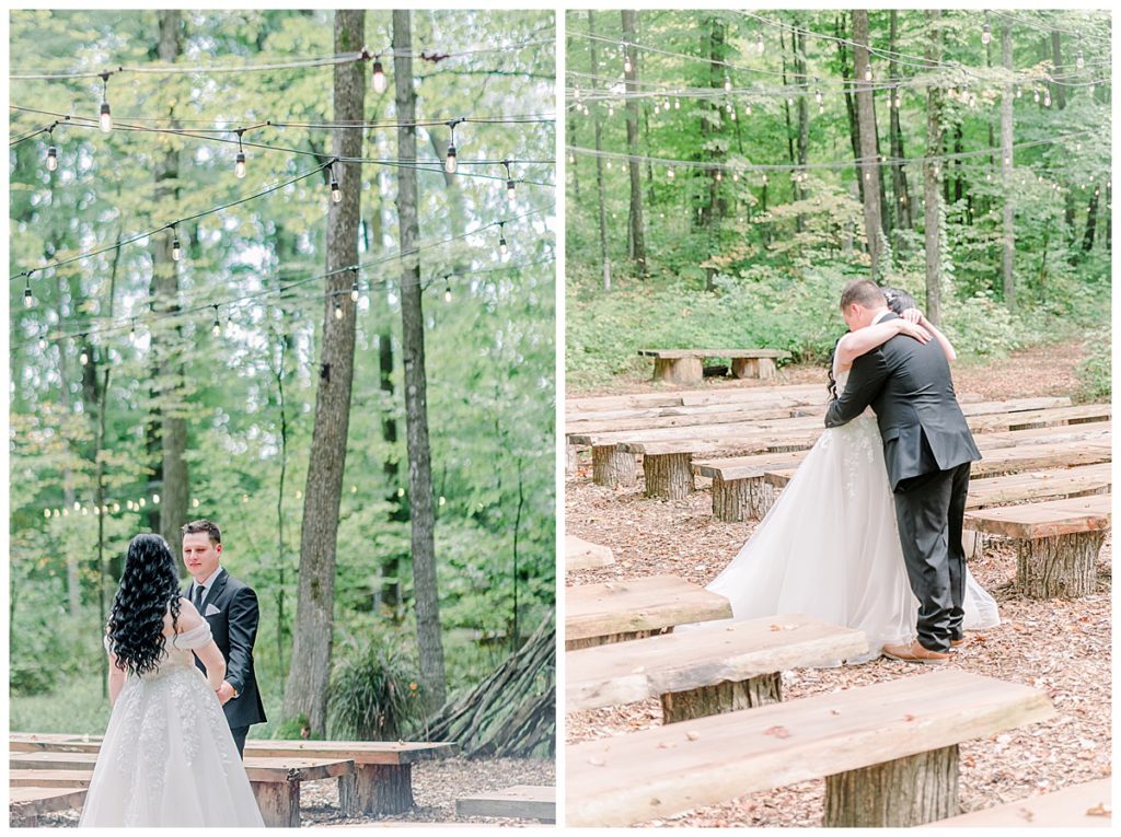 Wedding at Fest Valley Events has a rock theme including a rock tail hour. Eau Claire Wedding Photographer Alisha Marie shoots wedding outside Cadott First look at the ceremony site before wedding day photography
