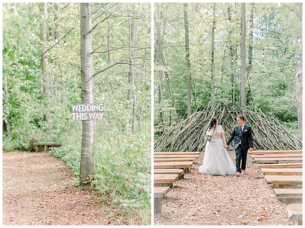 Wedding at Fest Valley Events has a rock theme including a rock tail hour. Eau Claire Wedding Photographer Alisha Marie shoots wedding outside Cadott First look at the ceremony site before wedding day photography