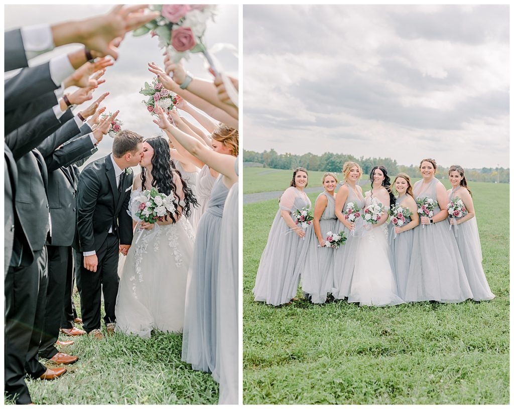 Wedding at Fest Valley Events has a rock theme including a rock tail hour. Eau Claire Wedding Photographer Alisha Marie shoots wedding outside Cadott First look at the ceremony site before wedding day photography wedding party laughing portraits
