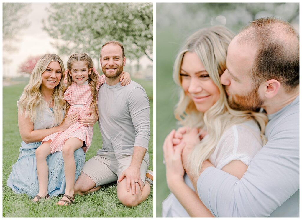 Side by side photo- a family of 3, the parents are kneeling with their little girl sitting on their lap and looking at the camera. In the second images, the dad and mom have a photo together, the dad embraces the mom from behind, giver her kisses at Phoenix Park in Eau Claire, Wisconsin with blossoms in the background of the photo Wisconsin Wedding photographer. Eau Claire Family Photos.