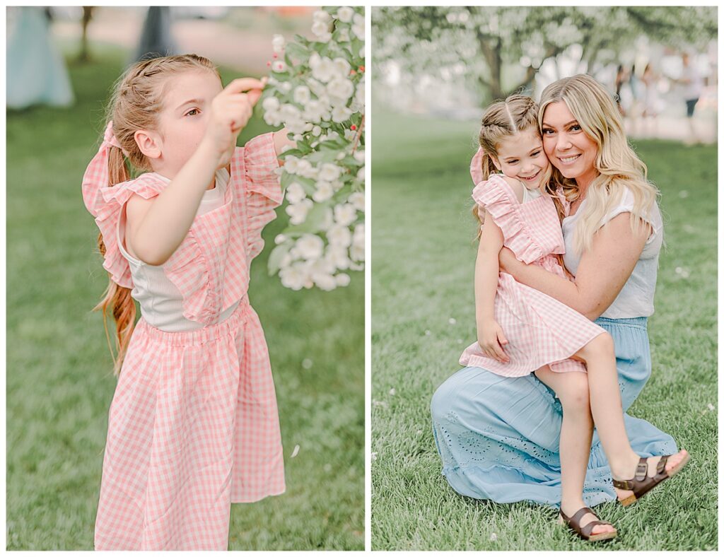 Side by side images of a family photo session. In the first image, the little girl pulls down a tree branch to get a better look at the blossoms. In the second the little girl sits on her mom's lap smiling, taken at Phoenix Park in Eau Claire, Wisconsin with blossoms in the background of the photo Wisconsin Wedding photographer. Eau Claire Family Photos.