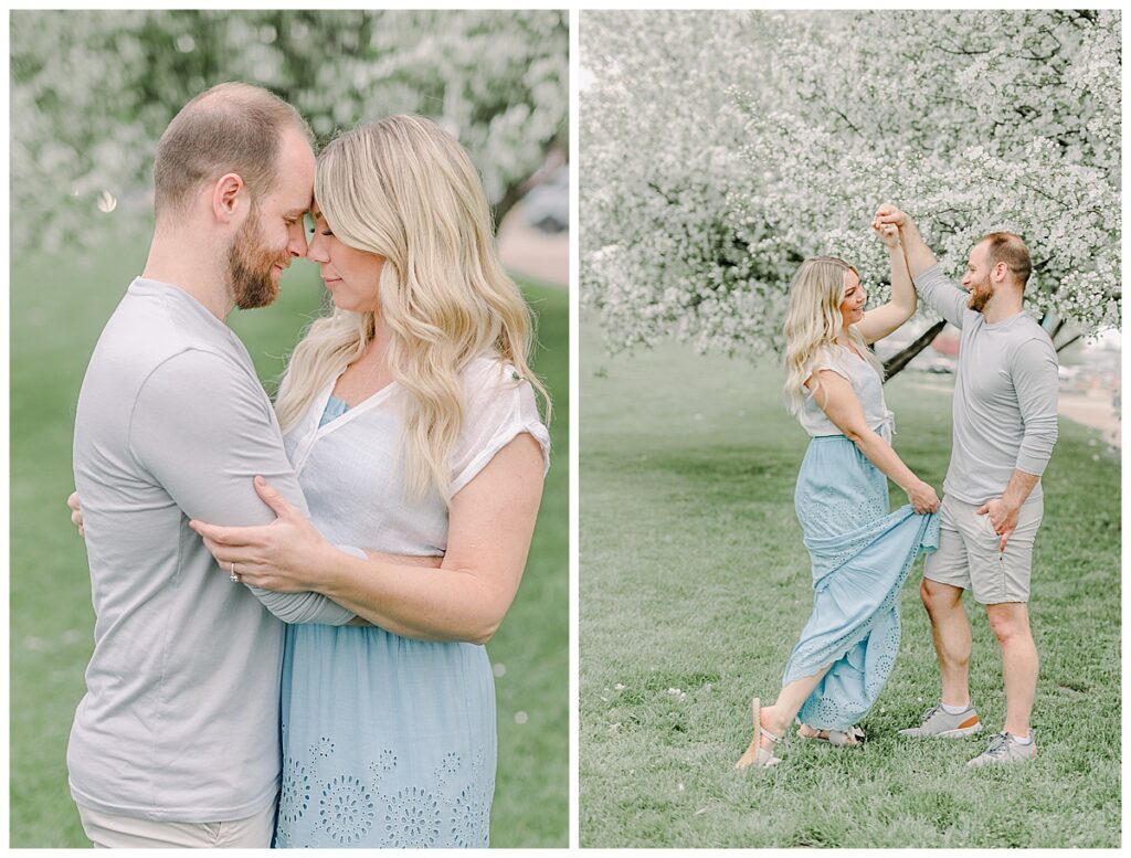 Side by side images. First image shows a man embracing his wife and in the second he pulls her in. Both photos are taken in the light and airy style at Phoenix Park in Eau Claire, Wisconsin with blossoms in the background of the photo Wisconsin Wedding photographer. Eau Claire Family Photos.