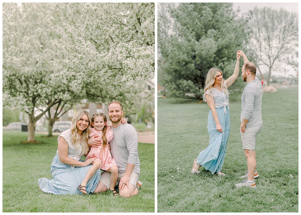 Side by side images taken with blossoms in the background at Phoenix Park in Eau Claire, Wisconsin. The first image is a family photo of two parents with their child, the second is the husband spinning the wife around. Wisconsin Wedding photographer. Eau Claire Family Photos.
