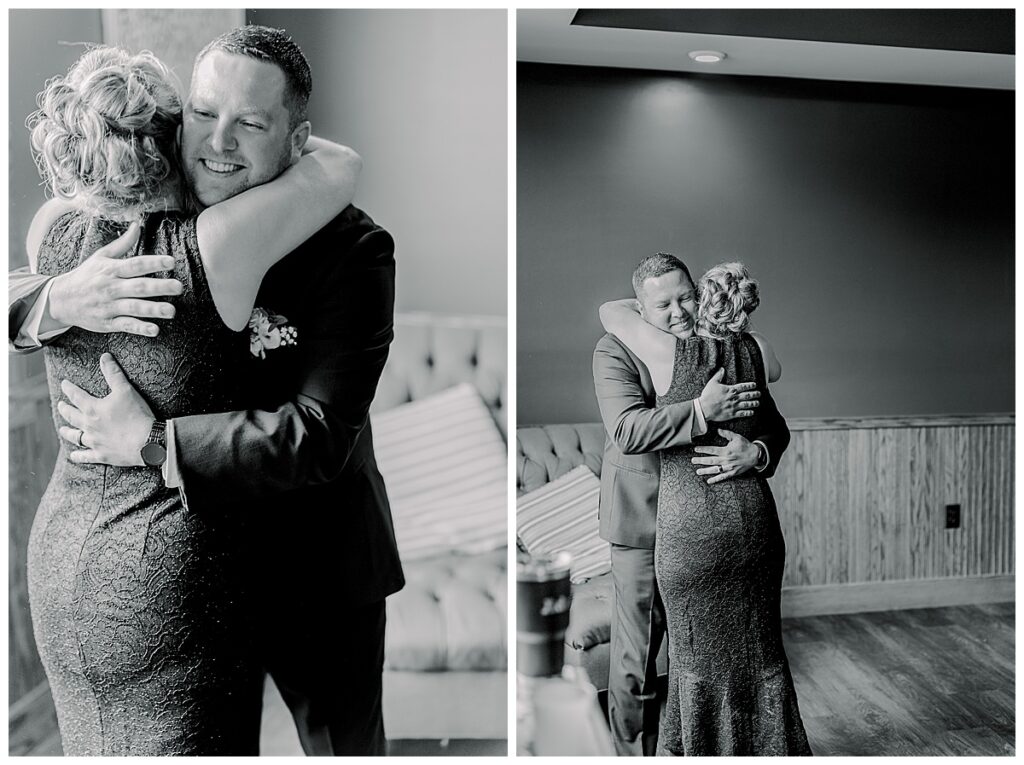 groom hugging mom photograph well getting ready at lillydale dance hall in eau Claire Wisconsin