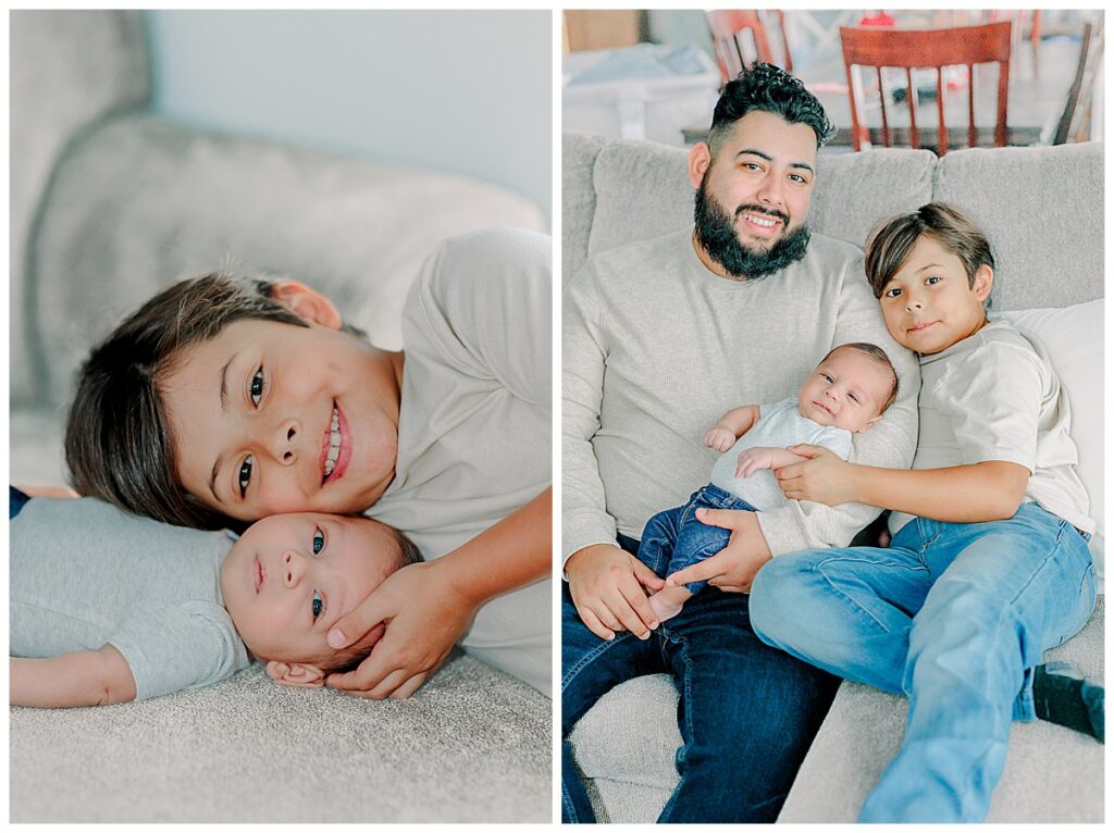 Dad and 2 sons poses for newborn in home photo session in Chippewa Falls, Wisconsin Image Taken by Alisha Marie Photography, specializing in family photos Eau Claire wi, wi wedding photographer, Eau Claire family photographers