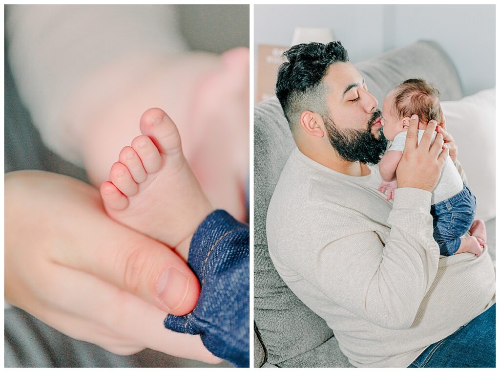Dad loving on his baby next to an image of tiny newborn toes| Taken during a newborn in home photo session in Chippewa Falls, Wisconsin Image Taken by Alisha Marie Photography, specializing in family photos Eau Claire wi, wi wedding photographer, Eau Claire family photographers