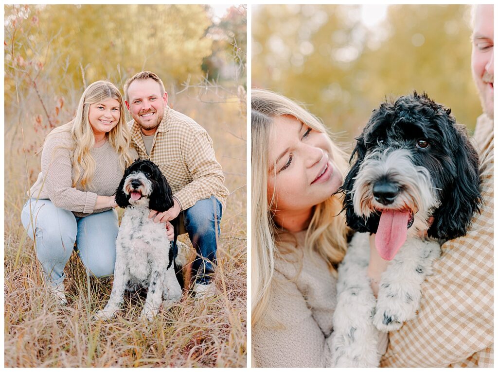 engaged couple and their puppy posing in a field during family photography session in EAU CLAIRE, Wisconsin Photo taken by Alisha Marie Photography specializes in family photos in Eau Claire, Eau Claire Family photos. Eau Claire Family Photographer