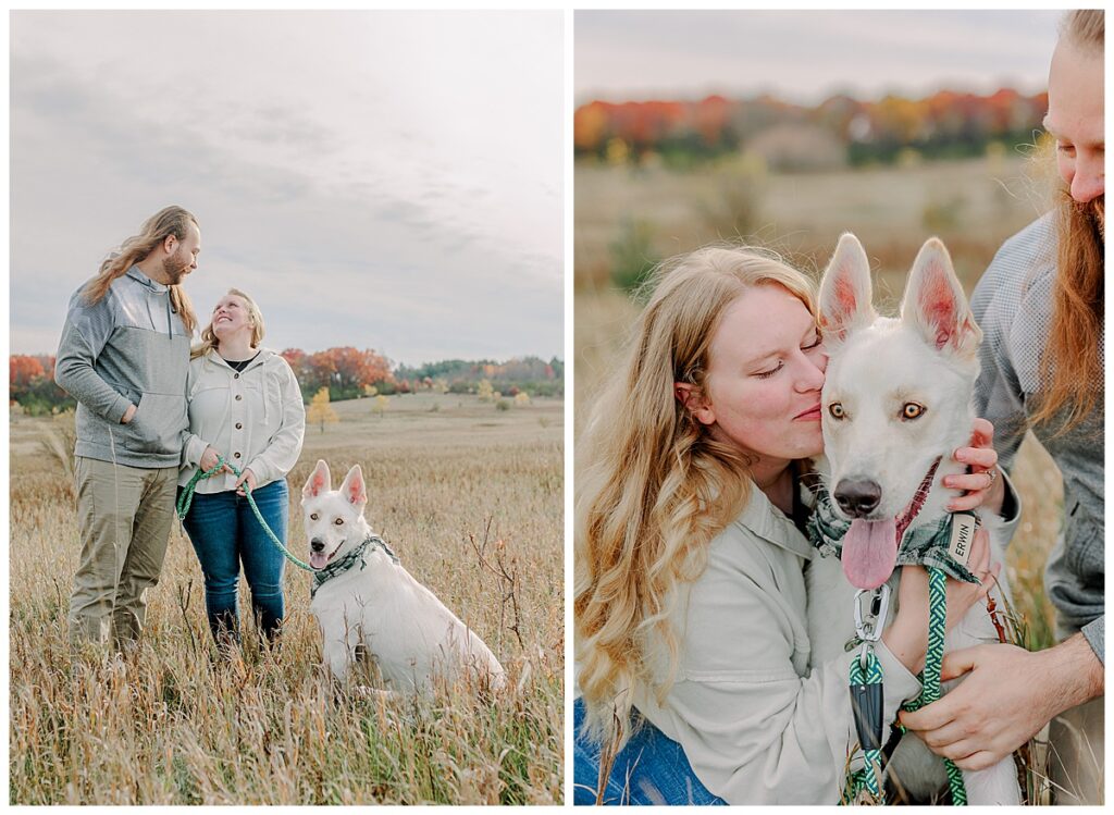 White dog and engaged couple posing in a field during family photography session in EAU CLAIRE, Wisconsin  Photo taken by Alisha Marie Photography specializes in family photos in Eau Claire, Eau Claire Family photos. Eau Claire Family Photographer