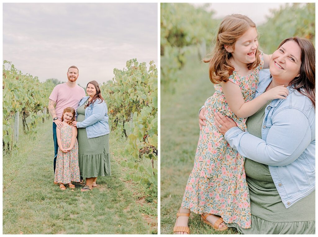 Family poses among grape plants family photography session at Riverbend Winery in Chippewa Falls Wisconsin