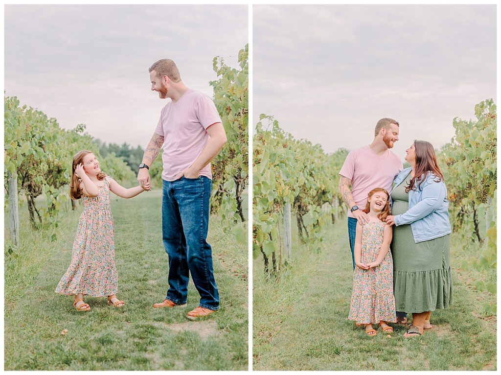 Light and Airy family portraits with dad twirling little girl family photography session at Riverbend Winery near Eau Claire Wisconsin Photo take by Alisha Marie Photography, Eau Claire Family Photographers; Family Photos Eau Claire