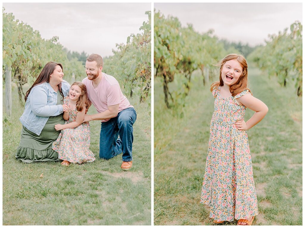 Girl in dress and family laughing together family photography session at Riverbend Winery near Eau Claire Wisconsin