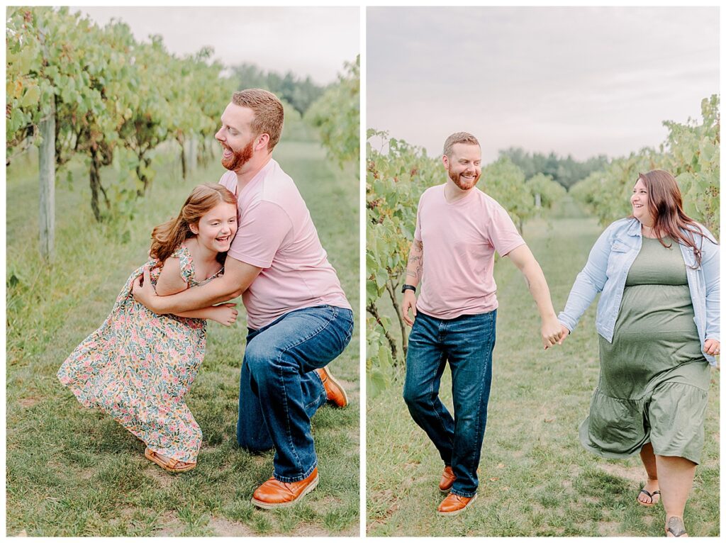 Married couple and daughter and father at family photography session at Riverbend Winery near Eau Claire Wisconsin