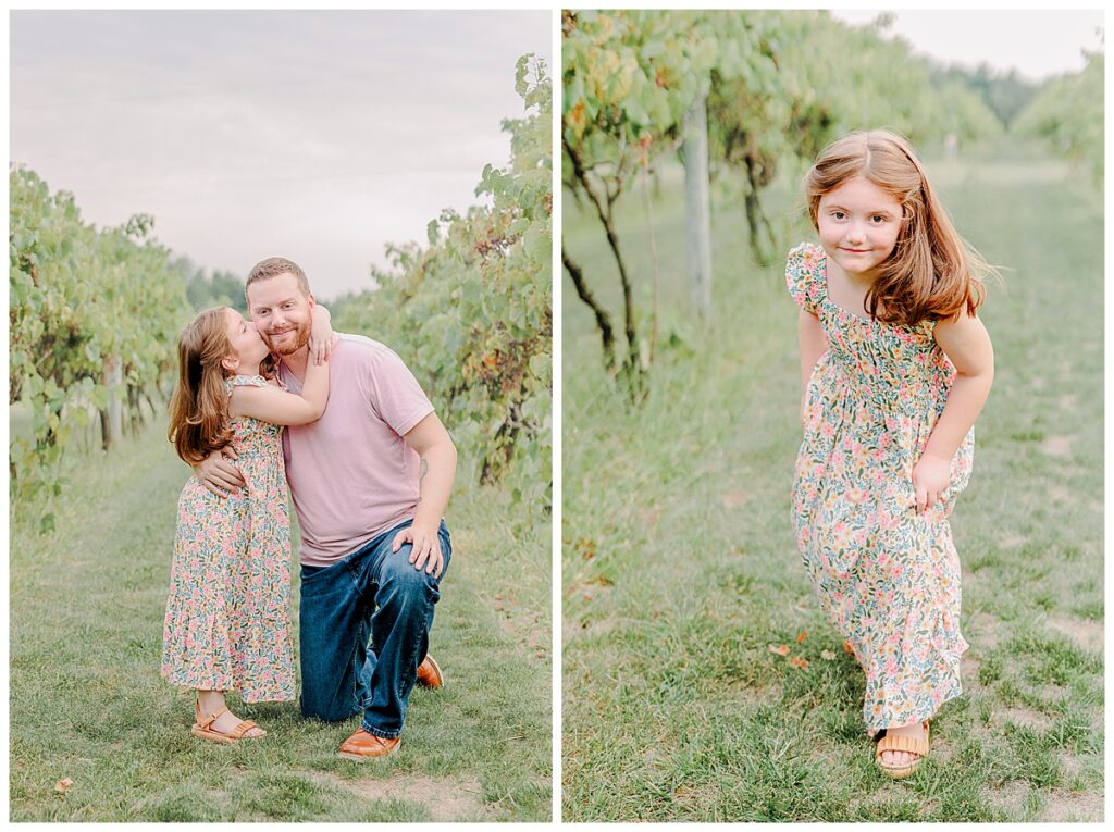 during a family photography session at Riverbend Winery Chippewa Falls Wisconsin shows a girl giving her dad a kiss on the cheek Photo take by Alisha Marie Photography, Eau Claire Family Photographers; Family Photos Eau Claire
