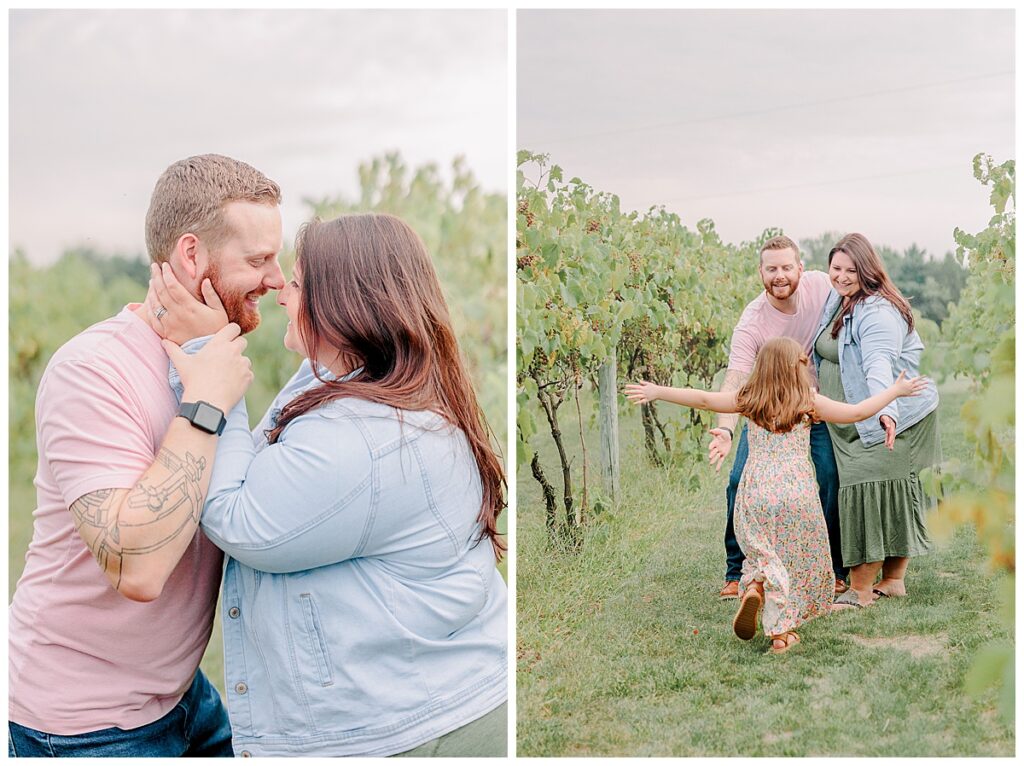 couple portrait and a side by side of a girl in a dress running toward her parents with open arms during a family photography session at Riverbend Winery Chippewa Falls Wisconsin Photo take by Alisha Marie Photography, Eau Claire Family Photographers; Family Photos Eau Claire