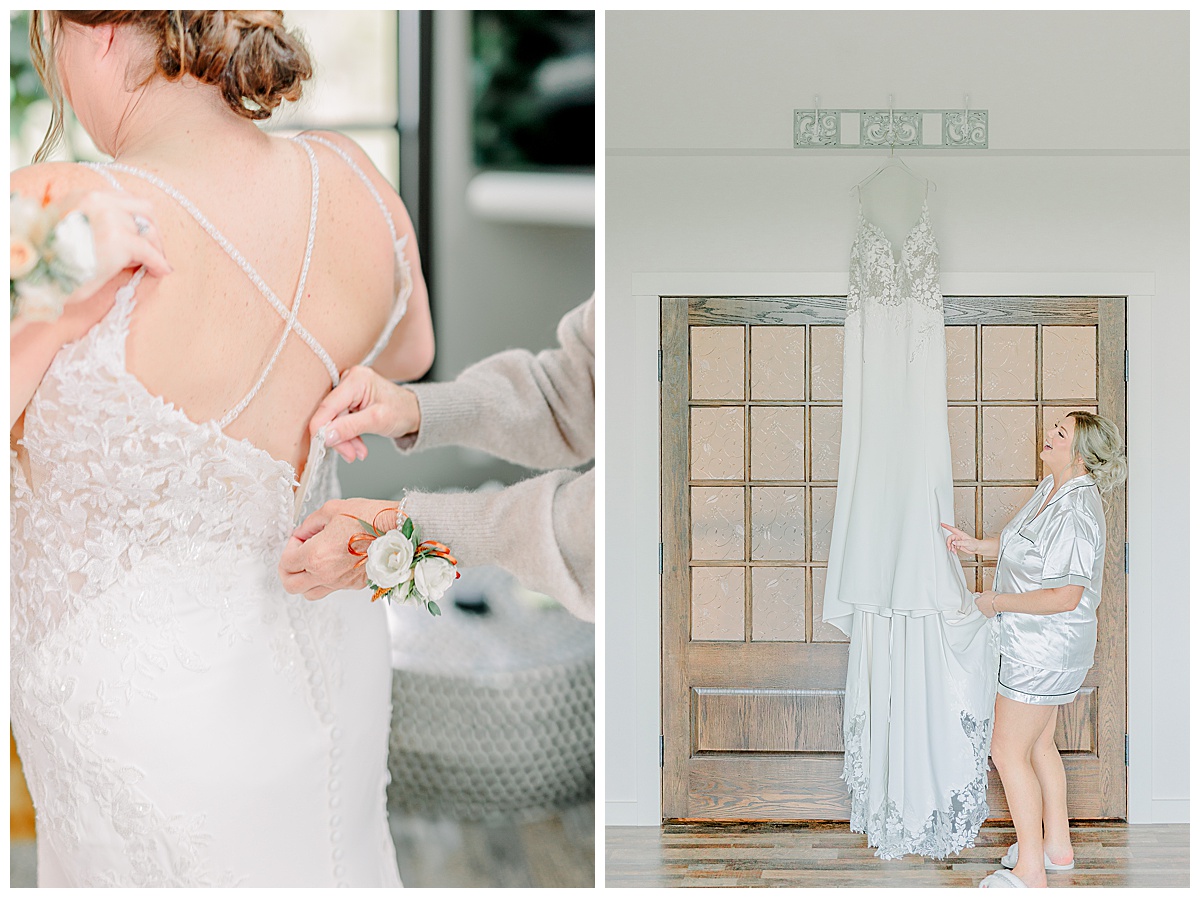 Bride being put into her dress by mom figures near a large window while getting ready for her wedding portraits at a venue in new auburn Wisconsin. Alluring acres. The image is side by side with a second image of a bride, the second bride poses with her wedding dress and laughs, a large window is facing her.