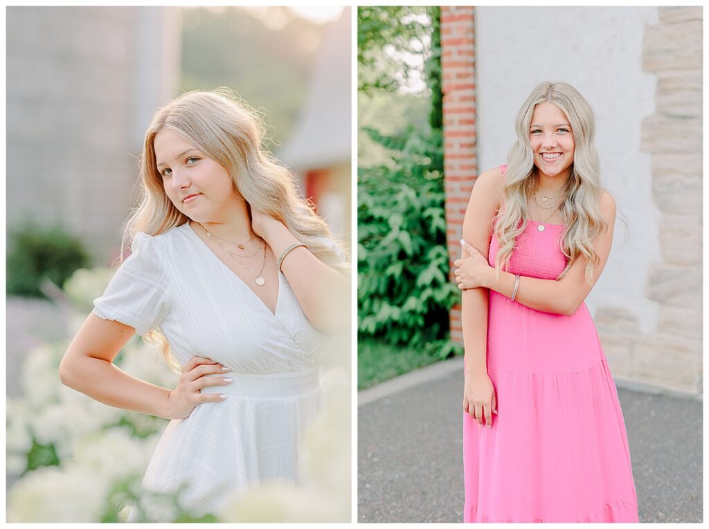 senior for the class of 2024 posing for her senior photographer outside of  Menomenie, Wisconsin. The image is light and airy in style, the girl wears a soft light pink prom dress. In a side by side image there is a portrait of her wearing a white romper