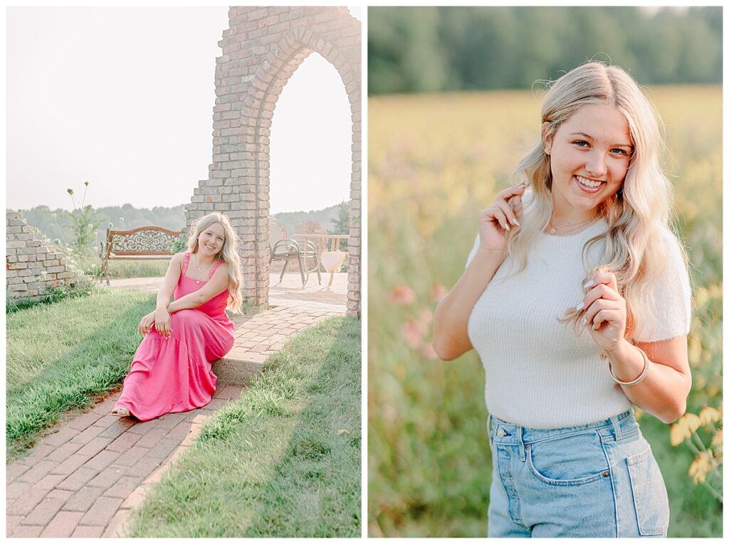 senior for the class of 2024 posing for her senior portraits outside of  Elk Mound, Wisconsin. There are side by side images, on she wears a bright pink dress, the other she wears a white sweater