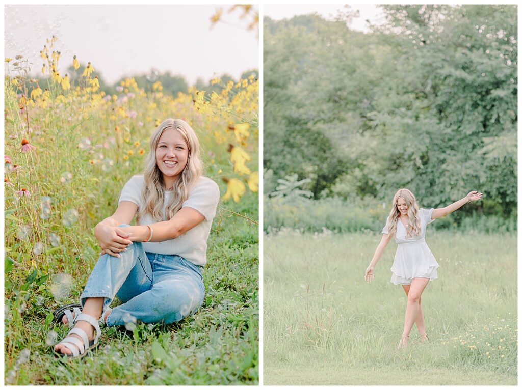 senior for the class of 2024 posing for her senior portraits outside of Eau Claire, Wisconsins. She sits on steps and wears a white romper. Side by side image of her sitting in a field of wild flowers in elk mound