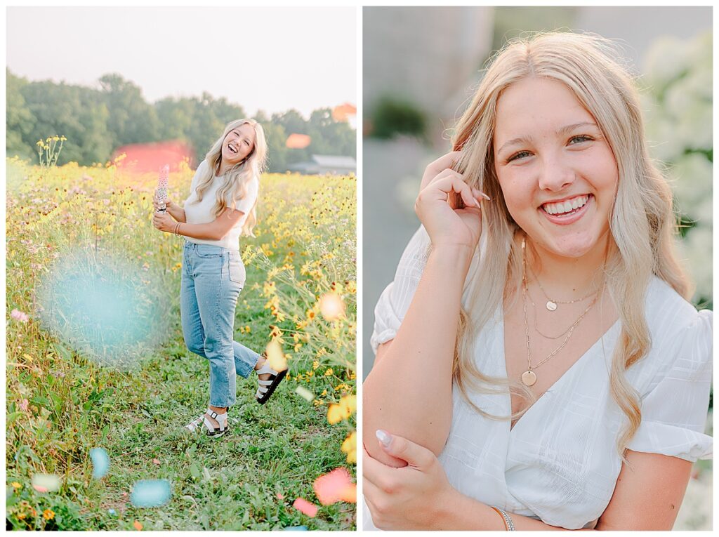 Senior poses for portraits  near elk mound Wisconsin. wearing jeans and a white sweater throwing confetti and another side by side image wearing a white romper