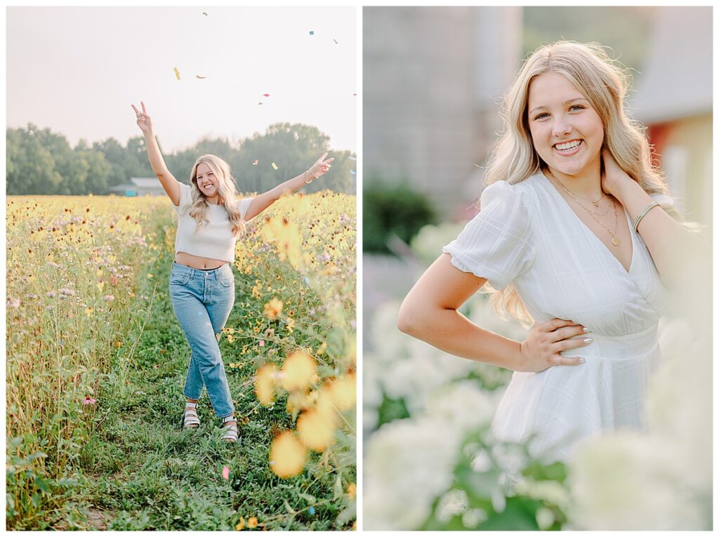 Senior poses for portraits  near menomenie Wisconsin. wearing jeans and a white sweater throwing confetti and another side by side image wearing a white romper