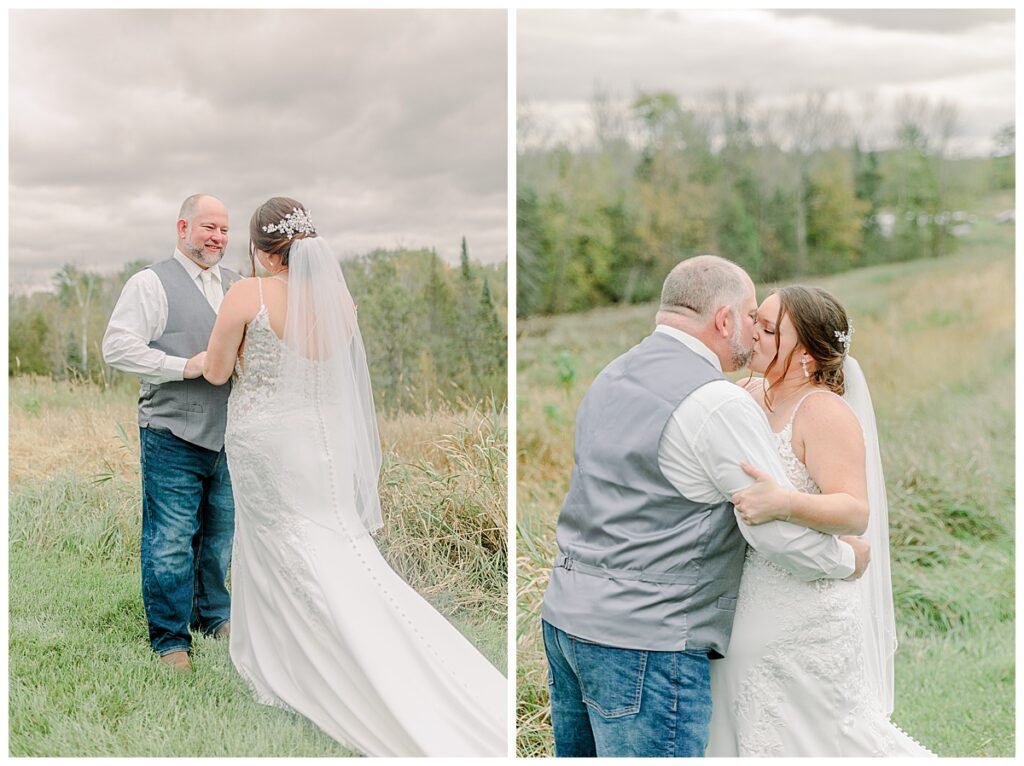 Groom overcome with emotion looking at bride and embracing her during first look outside of Eau Claire wisconsin Image taken by Eau Claire photographer. Wisconsin Wedding photographer. Eau Claire Family Photos.