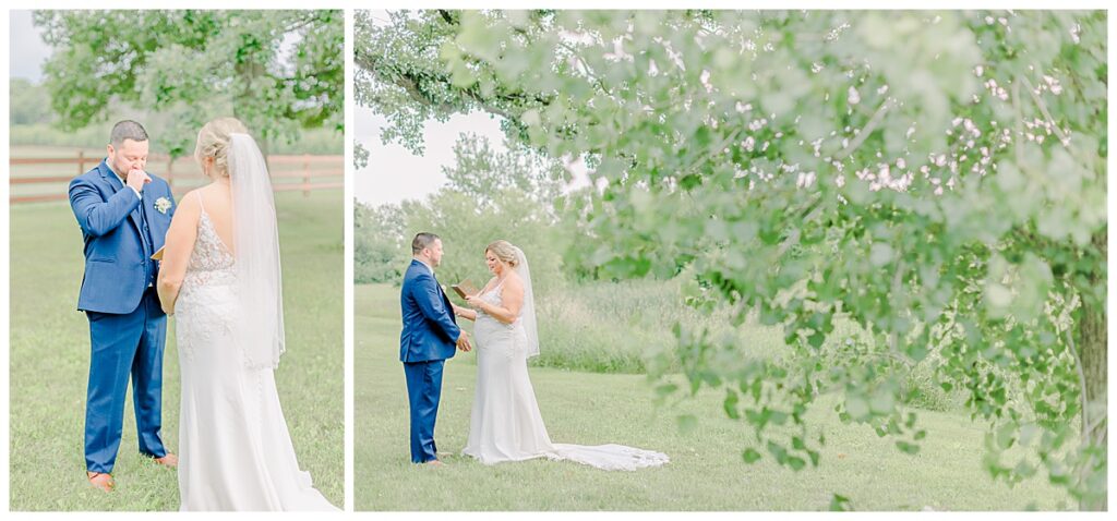 bride and groom say private vows during their first look at lillydale dance hall outside of Eau Claire wisconsin Image taken by Eau Claire photographer. Wisconsin Wedding photographer. Eau Claire Family Photos.