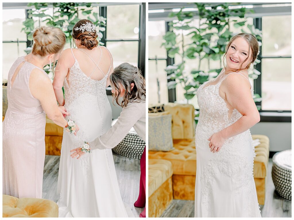 Two images. The bride gets ready in the bridal suite at her wedding venue. Image by Alisha Marie Photography at the wedding venue alluring acres not far from Minneapolis, Minnesota and St. Paul