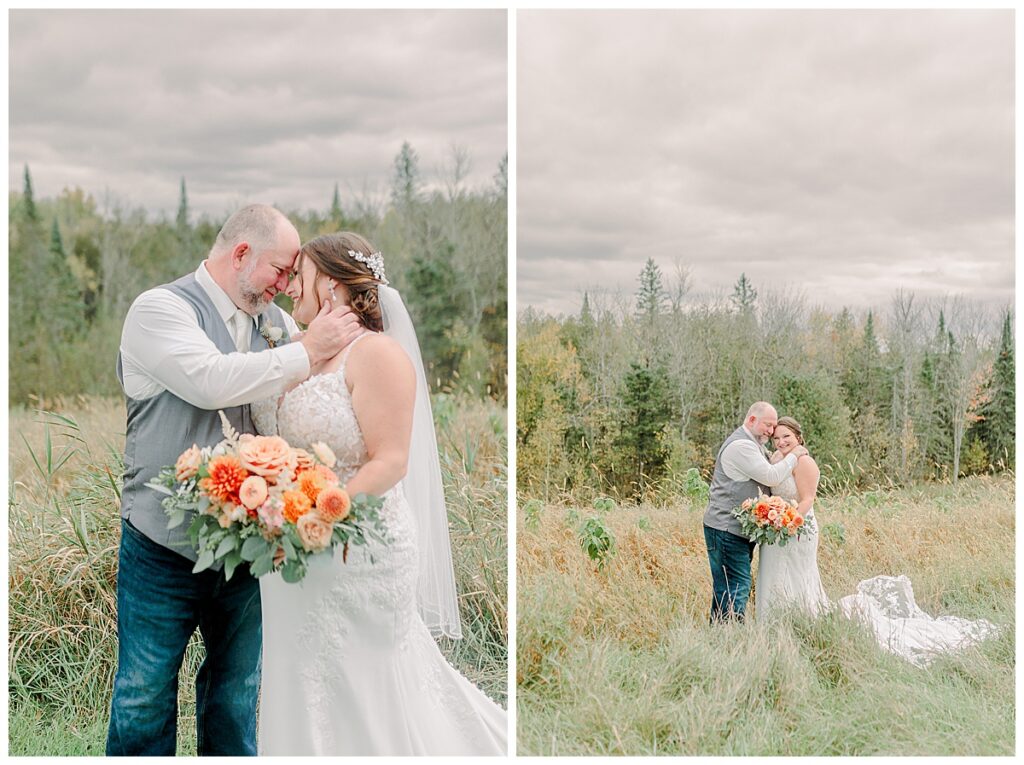 Two images.The first photograph is an image of the wedding couple nearly kissing, it is very romantic and intimate. The second is a farther back image of the same. Image by Alisha Marie Photography at the wedding venue alluring acres not far from Minneapolis, Minnesota and St. Paul