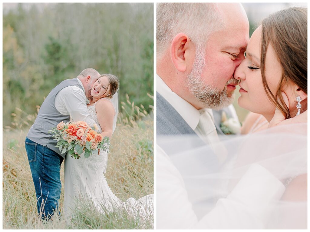 Two images. The first is the groom holding the bride close and making her laugh. The other photograph is an image of the wedding couple nearly kissing, it is very romantic. Image by Alisha Marie Photography at the wedding venue alluring acres not far from Minneapolis, Minnesota and St. Paul