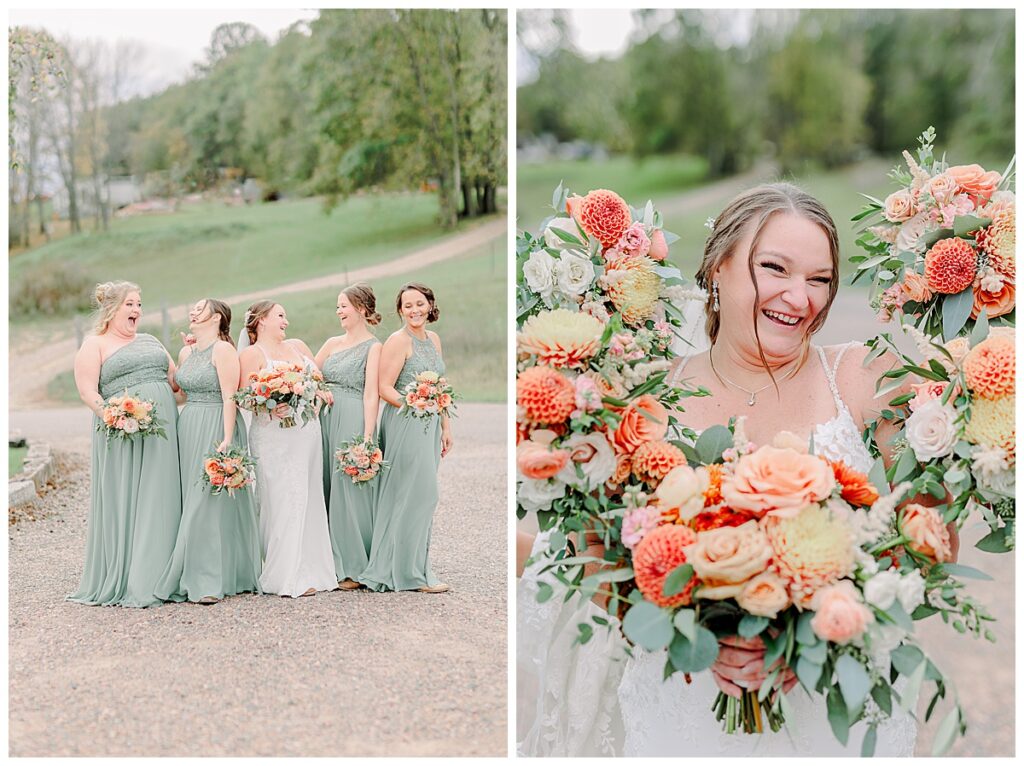 Wedding day wedding party portrait. Bridesmaids are laughing together. The women and bridesmaids wear a light green. In a side by side image, the bride's friends hold their bouquet's around the bride's face, framing her. Image by Alisha Marie Photography at the wedding venue alluring acres not far from Minneapolis, Minnesota and St. Paul