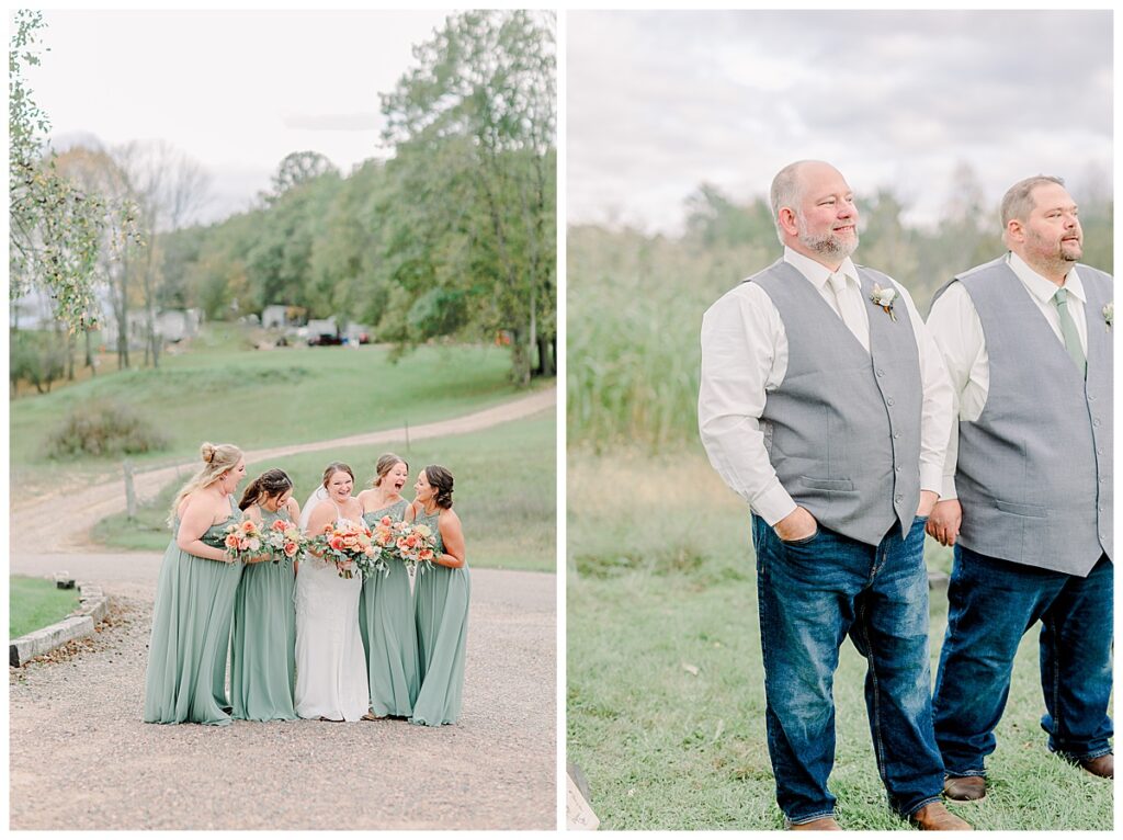 Wedding day wedding party portrait.Bridesmaids are laughing together. The women and bridesmaids wear a light green. Image by Alisha Marie Photography at the wedding venue alluring acres not far from Minneapolis, Minnesota and St. Paul A side by side image shows the groom at the start of the wedding ceremony waiting for the bride to come down the aisle. 
