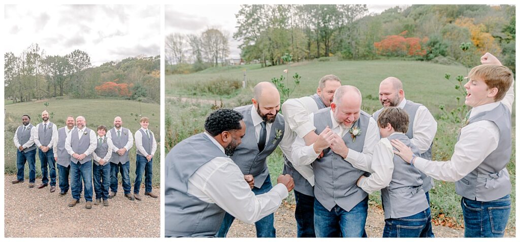  two side by side images Both images show the groomsmen hanging out with the groom. The wedding party men wear jeans and vests. Image by Alisha Marie Photography at the wedding venue alluring acres not far from Minneapolis, Minnesota and St. Paul