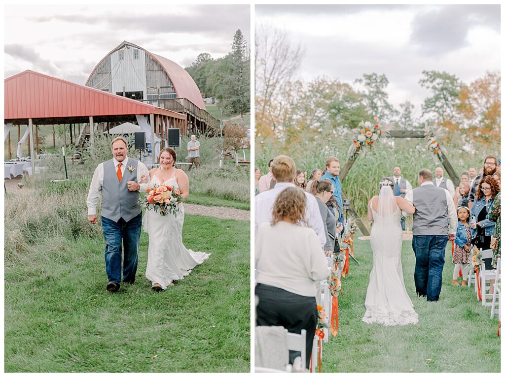  two side by side images Both images show the bride being walked down the aisle by her father Alisha Marie Photography at the wedding venue alluring acres near Eau Claire, Wisconsin