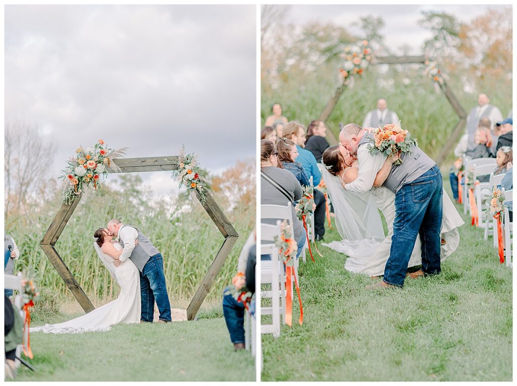  two side by side images show a wedding couple at the end of their wedding ceremony; in both images the groom dips the bride for a kiss. The second image is taken halfway down the aisle during the recessional photographer by Alisha Marie Photography at the wedding venue alluring acres near Eau Claire, Wisconsin
