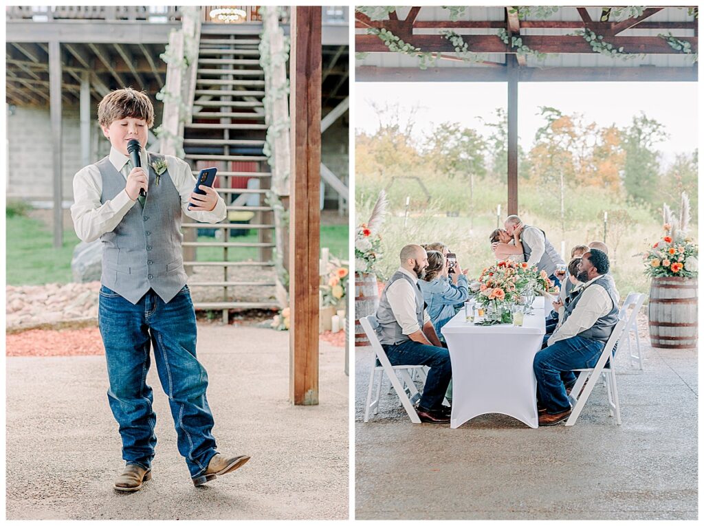 Side by side images, The wedding couple's son gives a toast at the start of the reception. The next image is the wedding couple sharing a kiss captured by Alisha Marie Photography at the wedding venue alluring acres near Eau Claire, Wisconsin