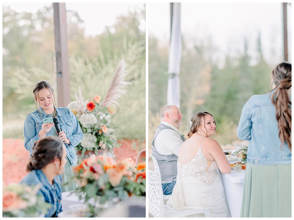 Side by side images. Their first is of the maid of honor giving her wedding day speech while the photographer capture the portraits. The second is another angle captured by Alisha Marie Photography at the wedding venue alluring acres near Chippewa Falls Wisconsin