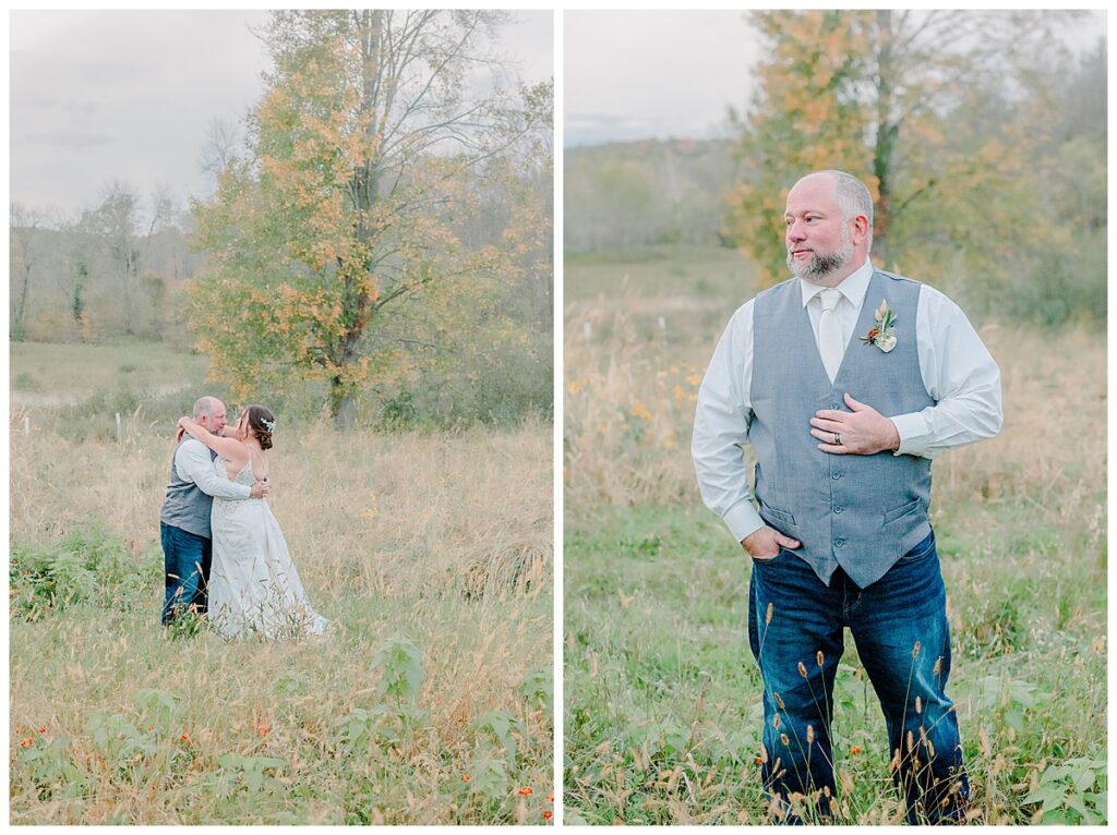 Side by side images, groom posing alone for portraits on his wedding day. Next o an image of the wedding couple embracing during portrait time. captured by Alisha Marie Photography at the wedding venue alluring acres near Chippewa Falls Wisconsin
