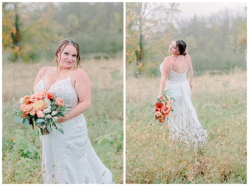 Birde poses alone for her bridal portraits with a beautiful fall bouquet. Bouquet created by Allure Premier Design. captured by Alisha Marie Photography at the wedding venue alluring acres near Chippewa Falls Wisconsin