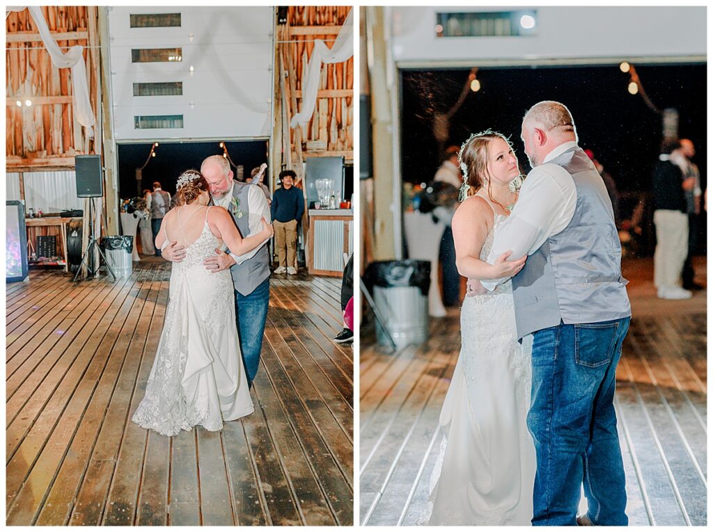 Bride and groom share their first wedding dance and the photographer captures a candid moment at the wedding venue alluring acres near Chippewa Falls Wisconsin